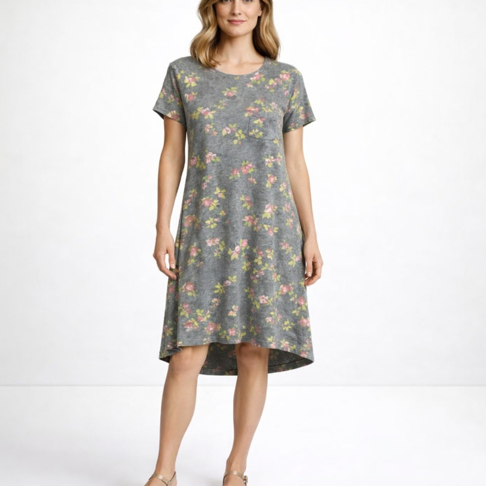 LuLaRoe Carly Dress XXS Gray Pink Floral Hi-Low Pocket Unicorn